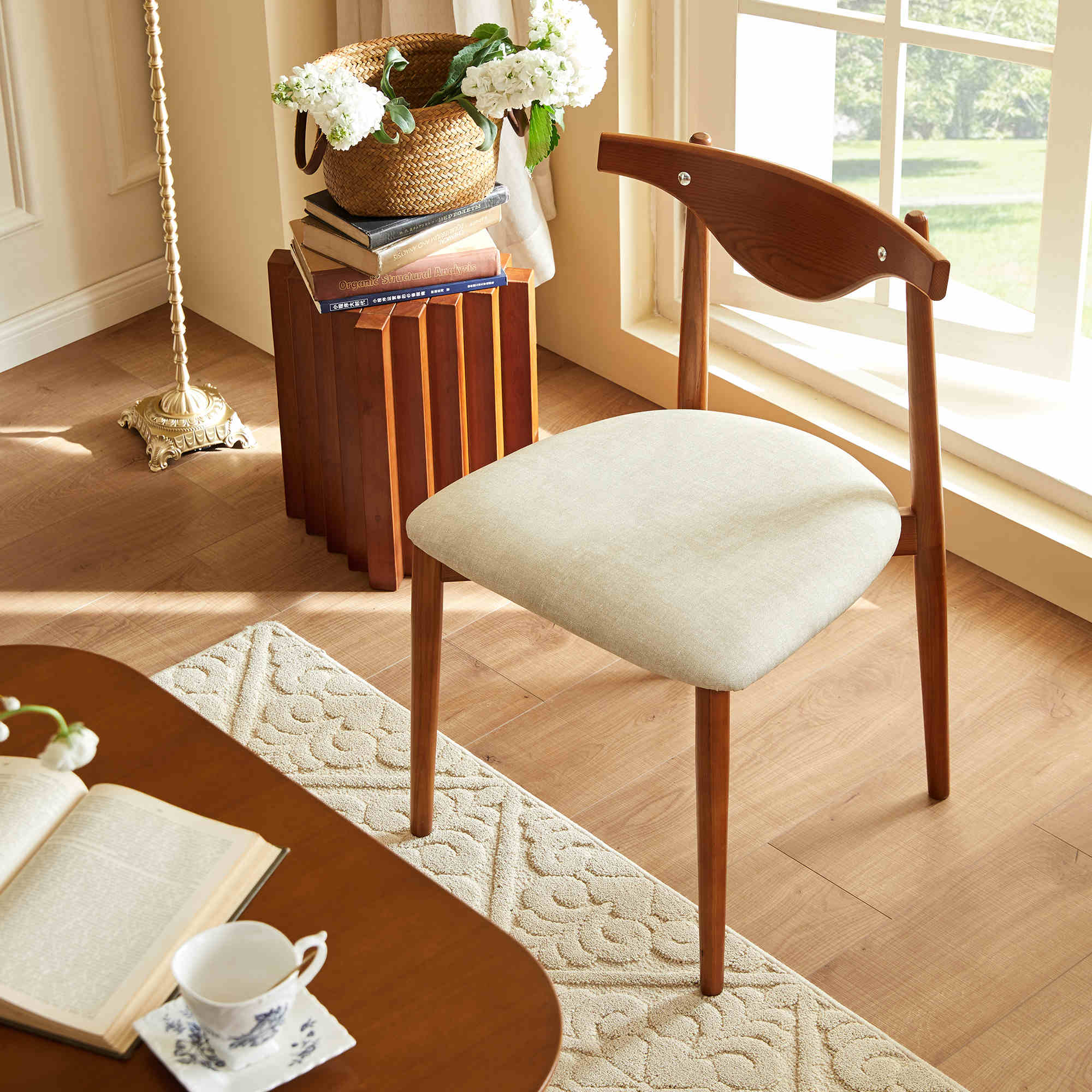纯木优家丨实木椅子家用靠背牛角椅法式复古餐椅软包垫吃饭餐桌椅