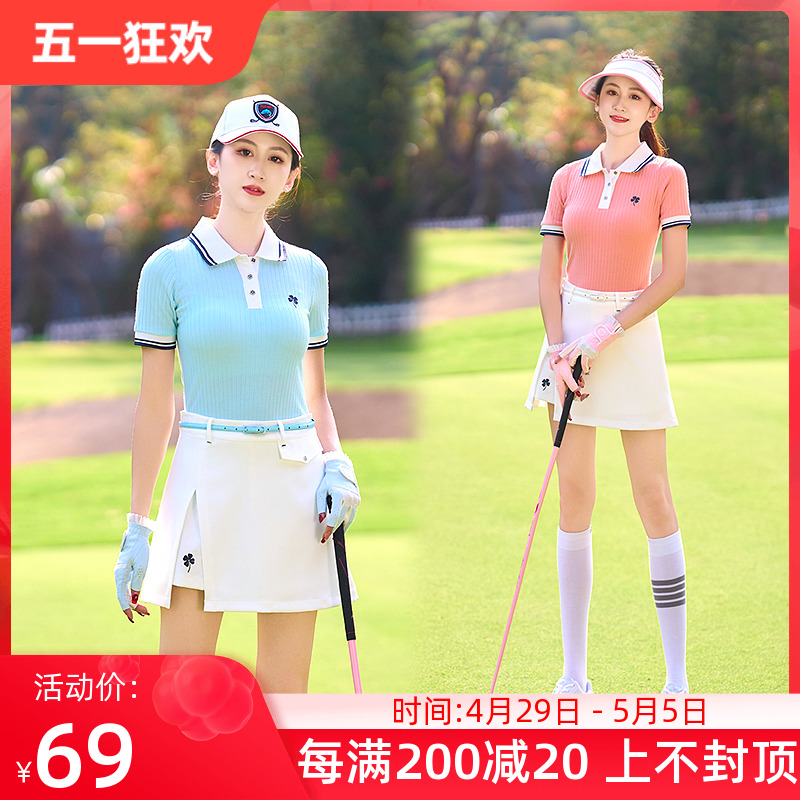 高尔夫球女士短袖T恤POLO衫修身白蓝桔色短裤裙子运动球衣服套装