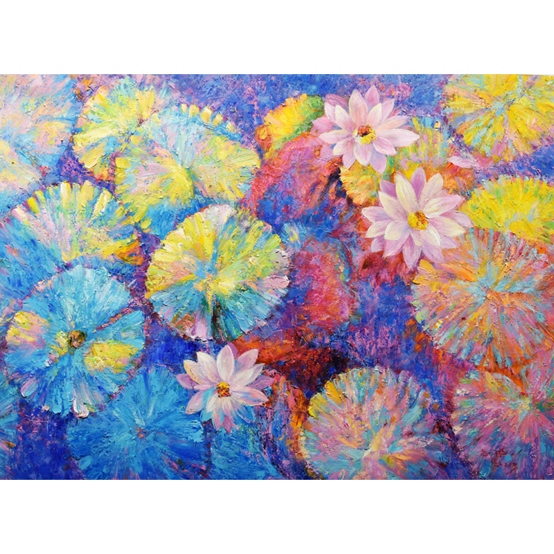 带合影朝鲜花卉油画纯手绘宽1.1米韩松伊一级艺术家《荷花》xa838