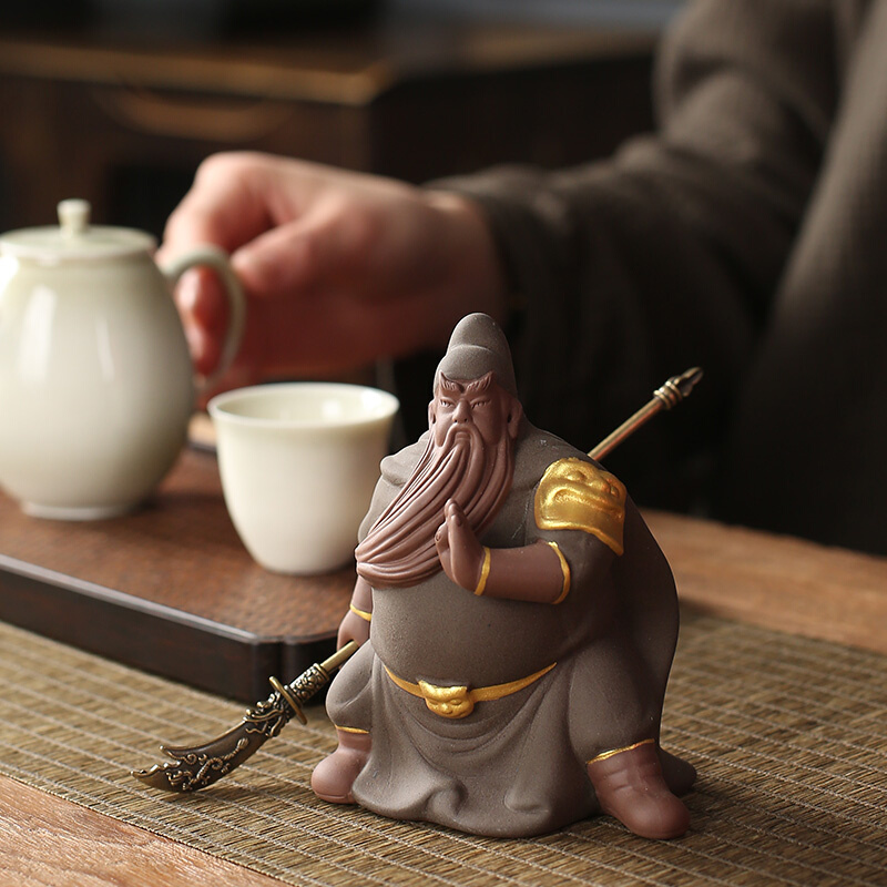 宇轩 紫砂茶宠摆件忠义关公创意手工雕刻可养茶玩茶盘茶道工艺品