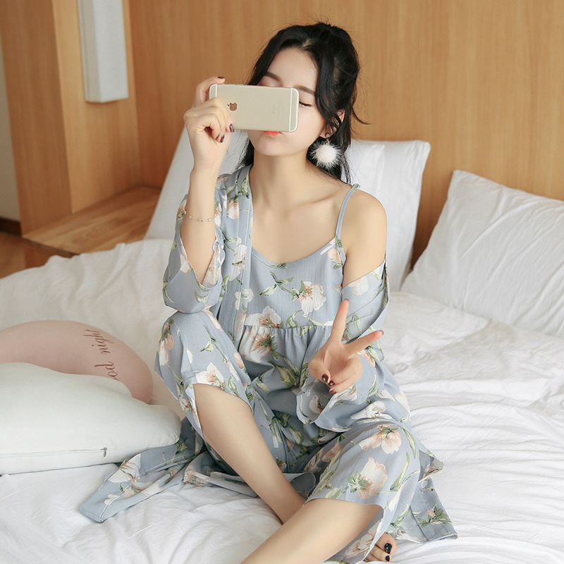 新款韩版睡衣女春秋季长袖日式夏款甜美性感吊带三件套家居服套装