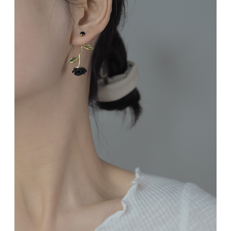 hzyeyuan原创复古优雅黑玫瑰耳钉设计感长耳环耳饰网红银饰11167