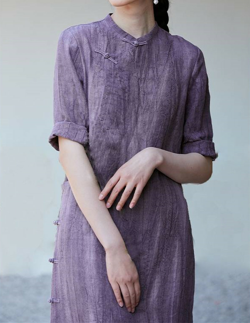 清仓 中式复古立领斜襟炒色云染脏染亚麻紫色旗袍宽松袍子连衣裙