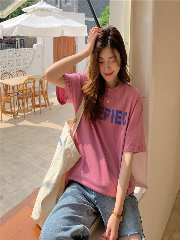 新款韩版时尚宽松字母印花中长款短袖t恤女夏学生百搭薄款上衣潮