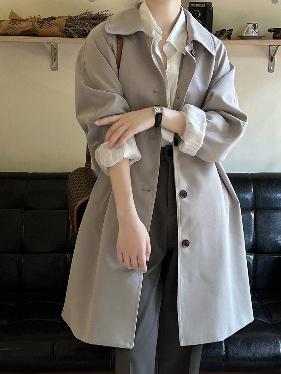 日式休闲风衣外套女设计感小众春秋复古英伦风中长款小个子薄大衣