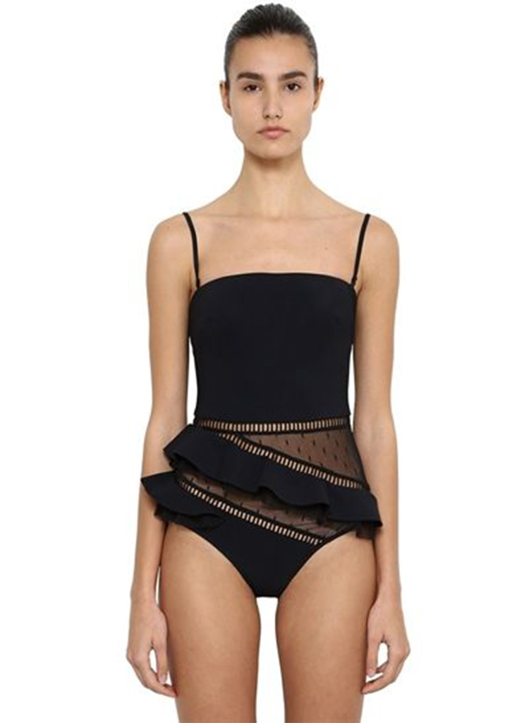 澳洲新款性感黑色抹胸荷叶边镂空波点不对称时尚泳衣女可拆卸肩带