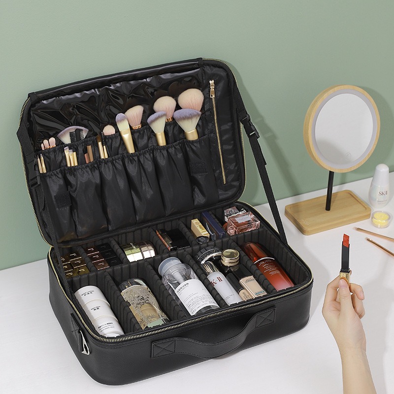 十字纹化妆工具箱化妆包大容量便携短旅行手提妆化妆品收纳包