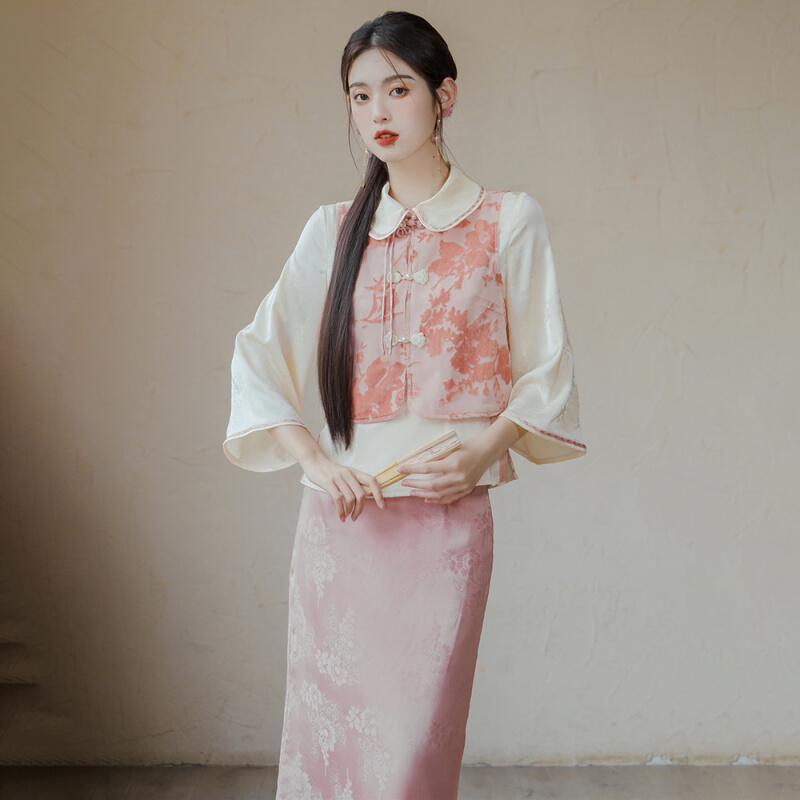 新中式女装小个子国风旗袍上衣半身裙子日常汉服改良汉元素三件套