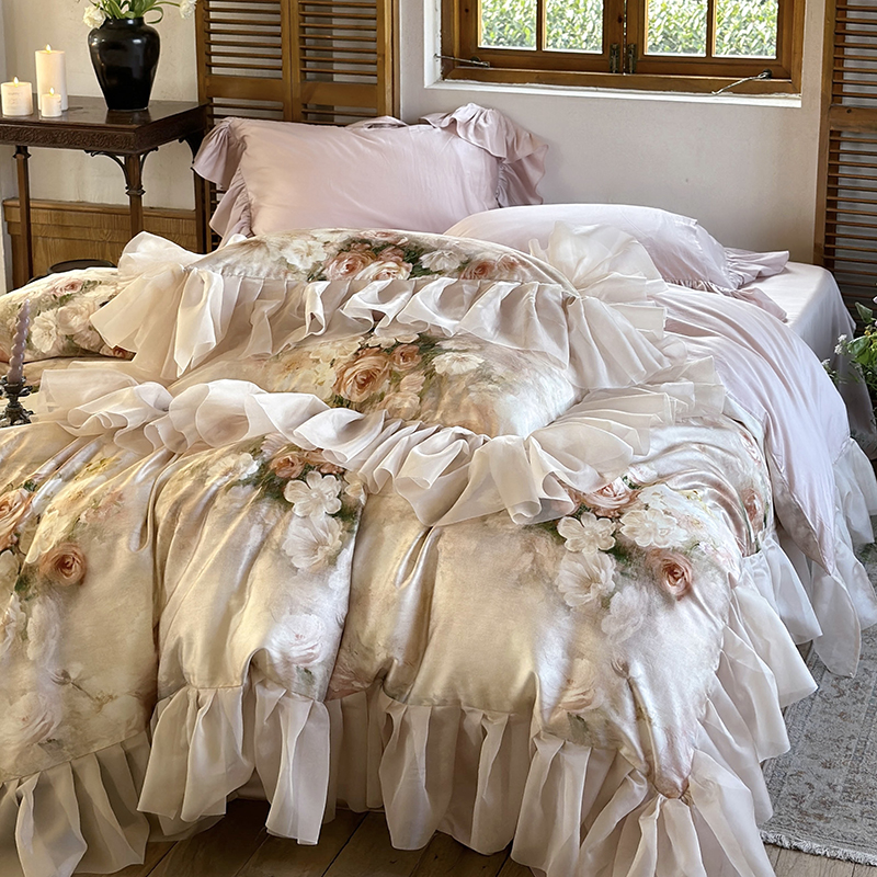 法式浪漫天丝棉四件套琉璃纱公主风凉感裸睡复古油画被套床单床品