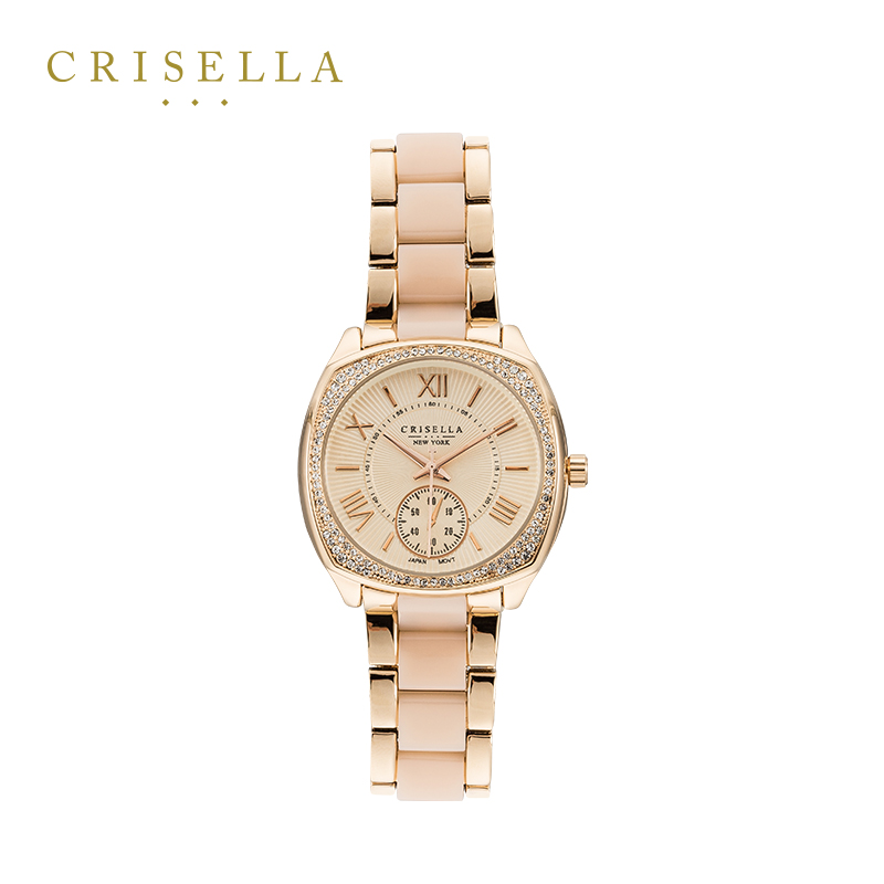 Crisella卡斯丽大气金属表带手表潮流满天星方形大表盘拼接石英表
