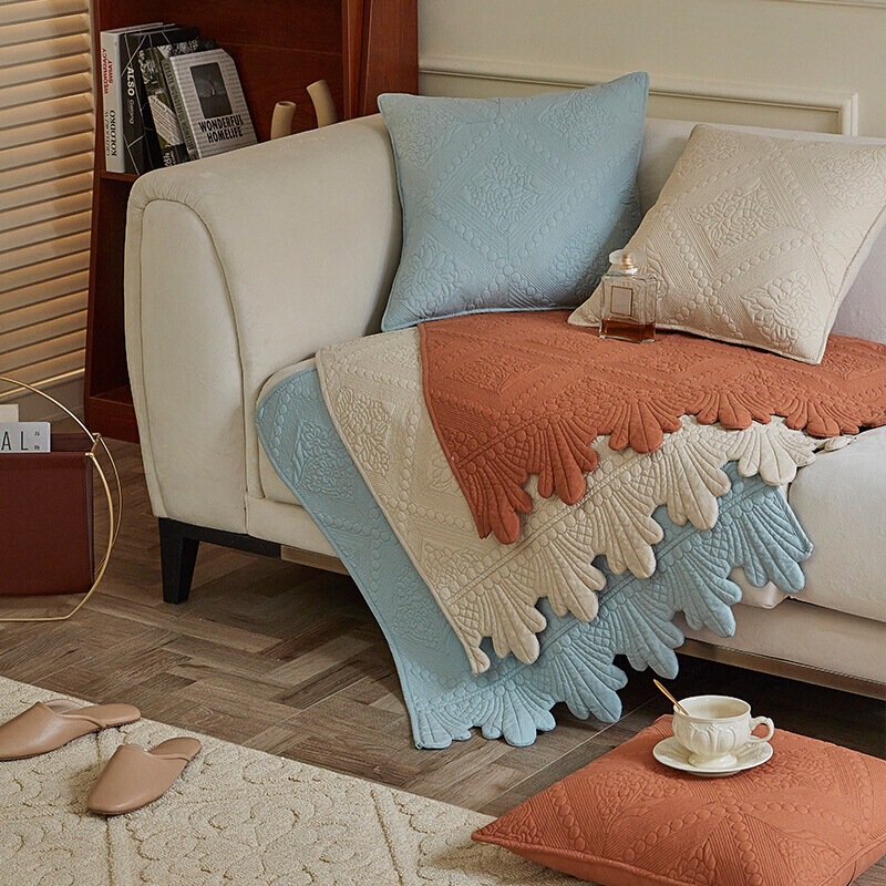 水似流年 刺绣纯棉水洗沙发垫四季通用防滑全棉布艺客厅沙发套罩