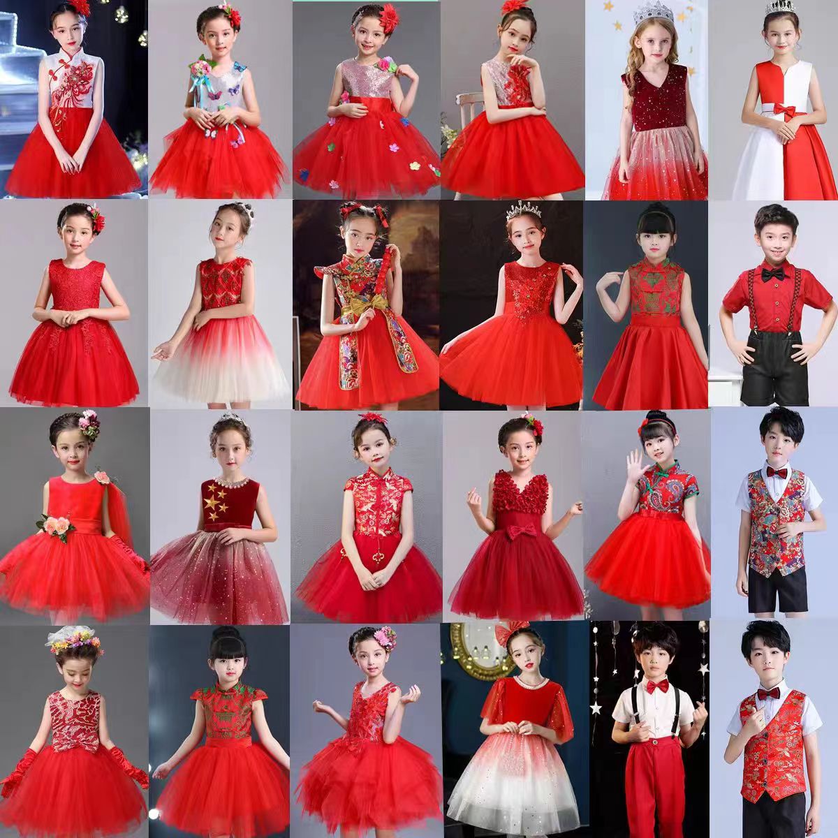 六一儿童演出服女童红色蓬蓬纱裙小学生合唱中国风喜庆舞蹈演出服