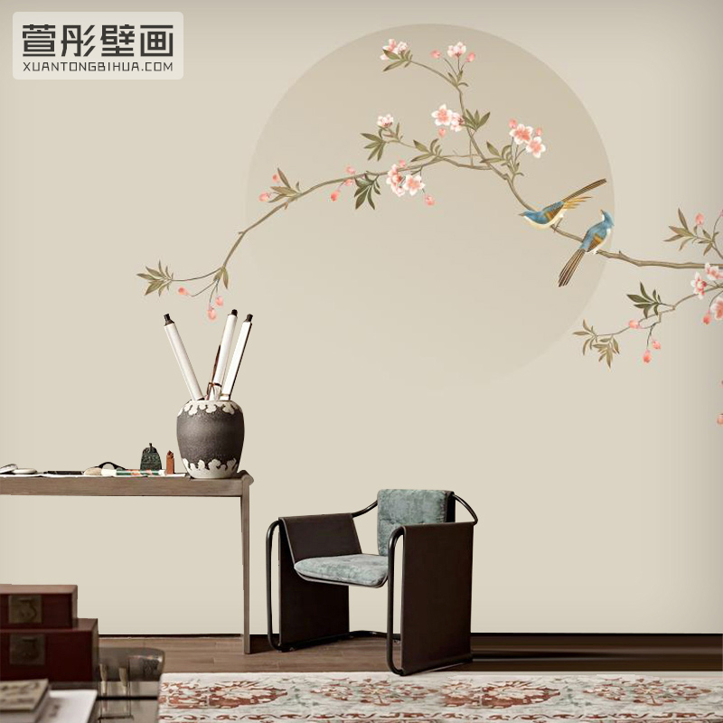 中式淡雅意境花鸟壁纸客厅背景墙纸古典墙布卧室书房壁画花好月圆