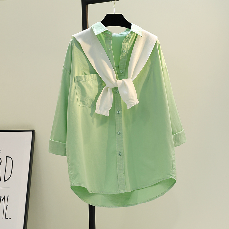 豆沙绿披肩两件套中长款衬衫女专柜春季新款糖果色文艺衬衣上衣潮