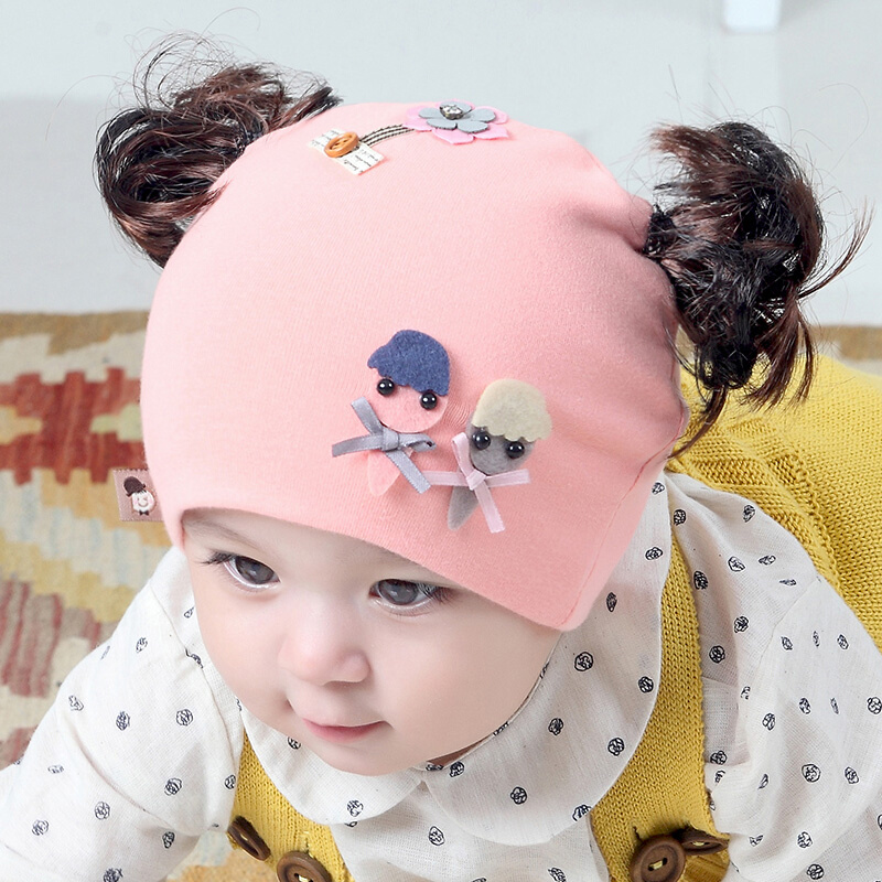 婴儿假发帽子小公主秋季带辫子的儿童毛线一岁宝宝春秋10个月女宝
