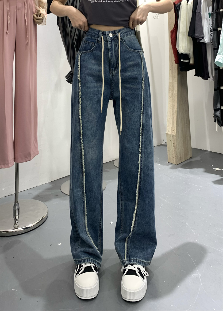 4.4现货【M】韩版设计感竖条绑带牛仔裤A773