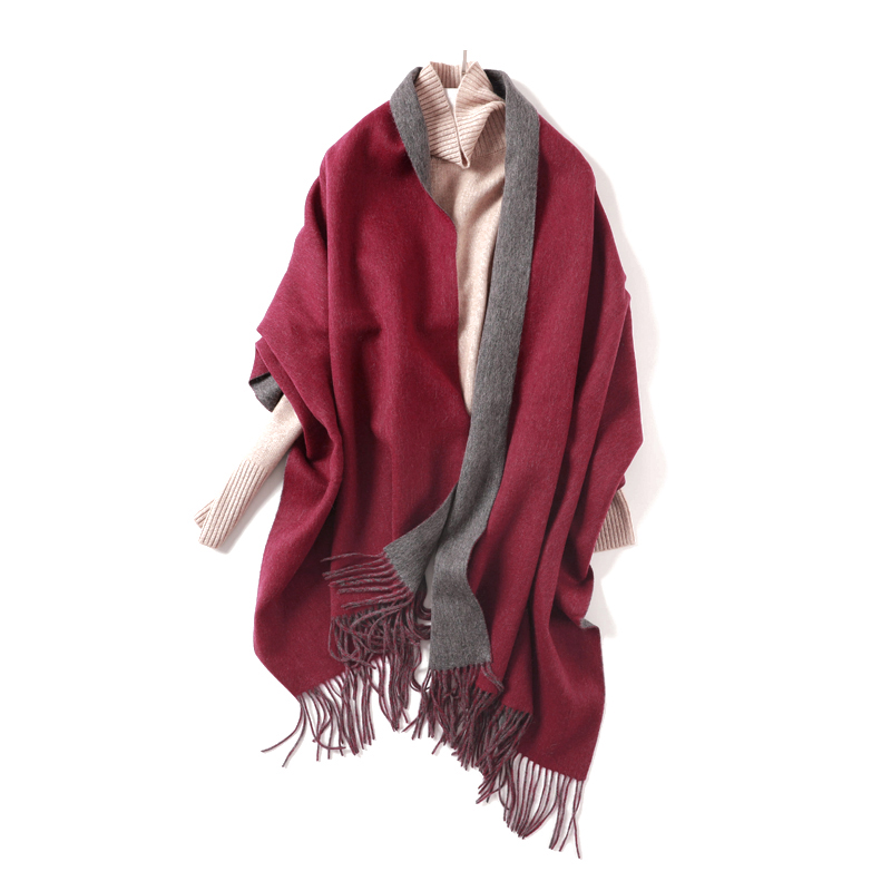 冬季酒红灰色双面双色纯羊毛披肩围巾两用加厚保暖羔羊绒围巾女