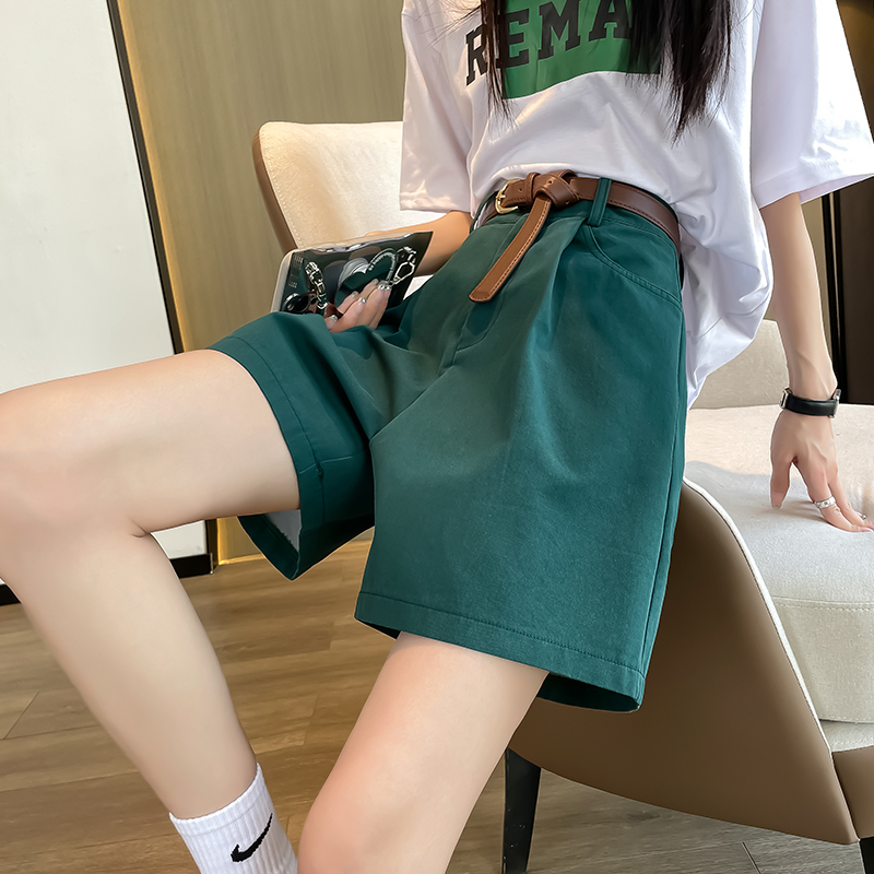 绿色西装短裤女夏季薄款高腰显瘦宽松休闲阔腿韩版直筒A字五分裤