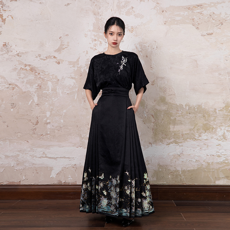 随时anytime 月下重工织金新中式高品质马面裙女中国风黑色半身裙