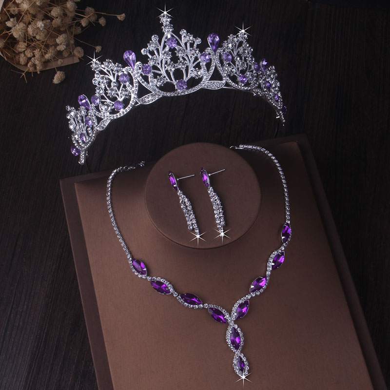 浪漫紫色系列高端大气新娘套链女王皇冠水钻项链耳环三件套饰品