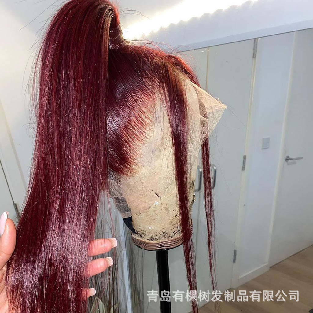 1688青岛有棵树发制品有限公司外贸欧美假发头套 酒红色化纤前蕾