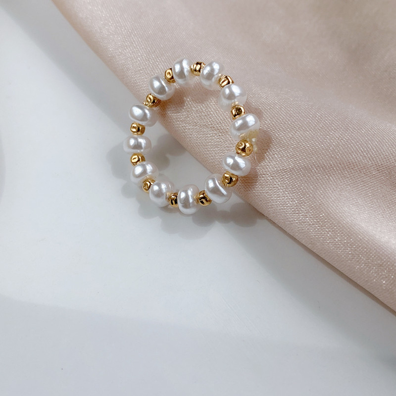 青岛欧美外贸饰品 素韵个性珍珠指环金色小众高级感弹力戒指
