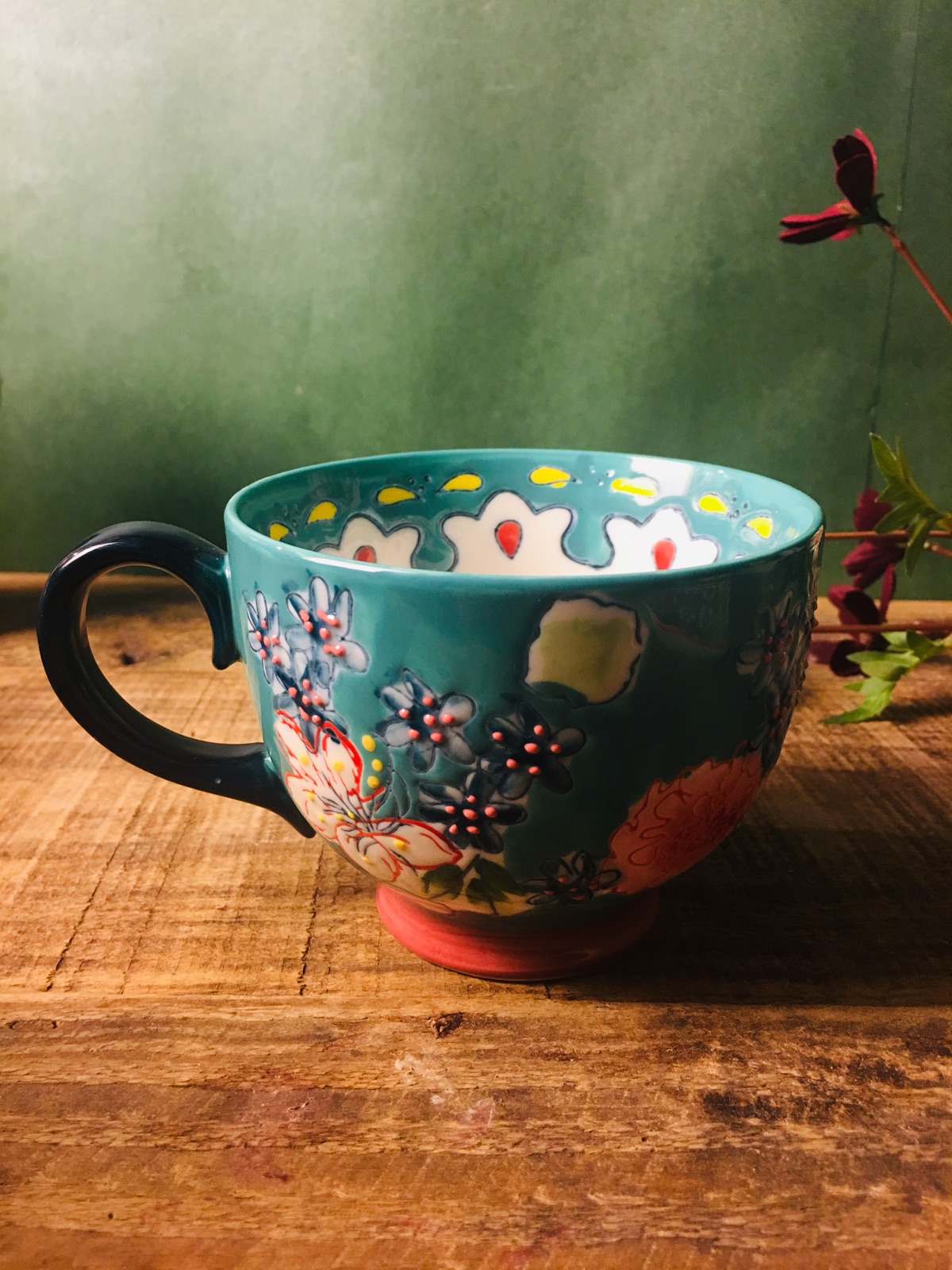 出口欧美陶瓷手绘浮雕花朵民族 剧中款 陶瓷马克杯 早餐杯 麦片杯