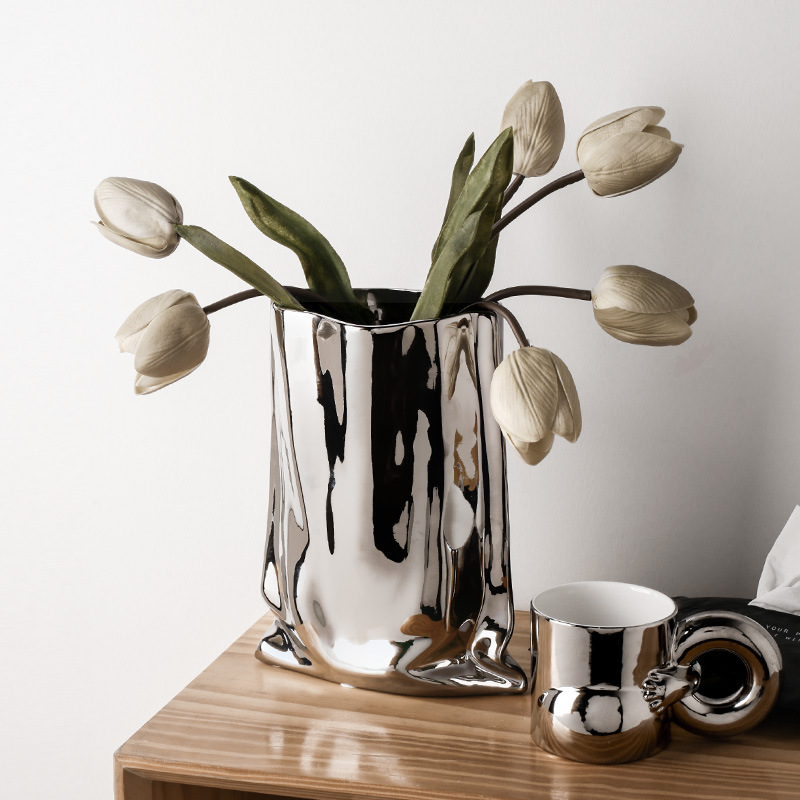 北欧电镀银色花瓶陶瓷创意酒柜艺术样板间轻奢风软装饰品摆件