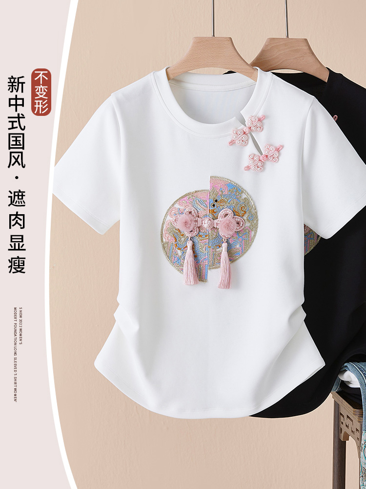 新中式梅花盘扣刺绣白色T恤女2024新款夏季国风遮肉显瘦短袖上衣