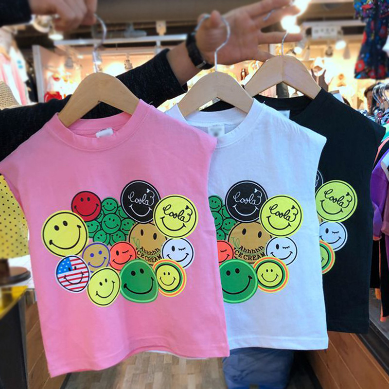 韩国儿童男女童夏新款卡通笑脸背心无袖薄款纯棉T恤精品推荐现货