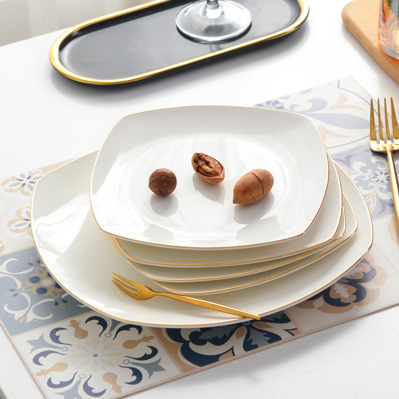 牛排盘子白色金边家用骨瓷方形碟子酒店西餐餐具平盘白瓷盘西餐盘