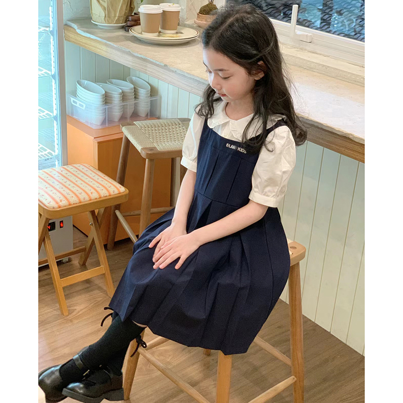 韩国童装女童夏季连衣裙2024新款洋气藏青色字母背心裙儿童裙子夏