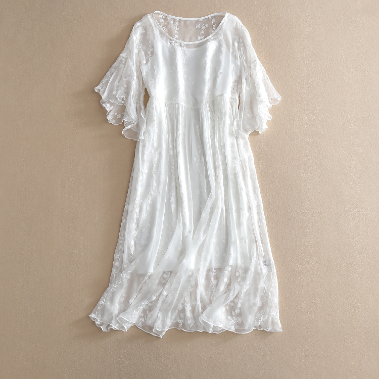 清凉两件套 减龄花边宽松刺绣真丝连衣裙女夏短袖白色仙气裙子
