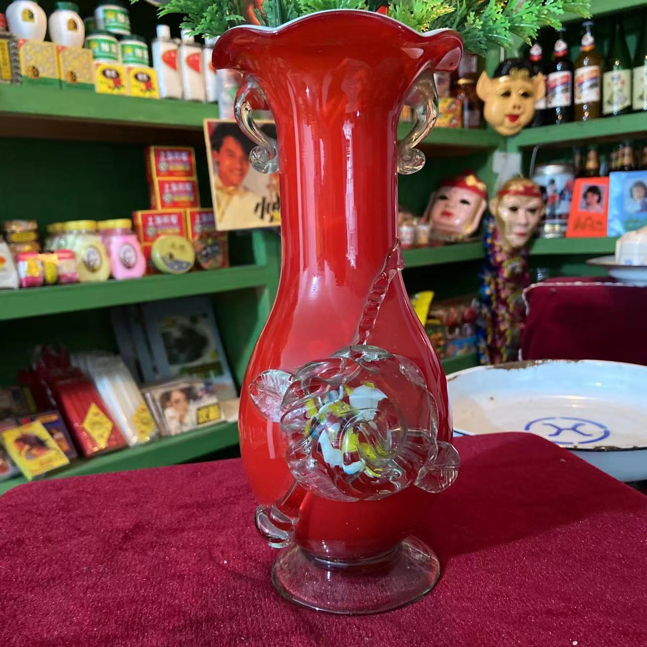 70 80年代料器琉璃玻璃花瓶蓝色橘色红色老物件影视道具摆件