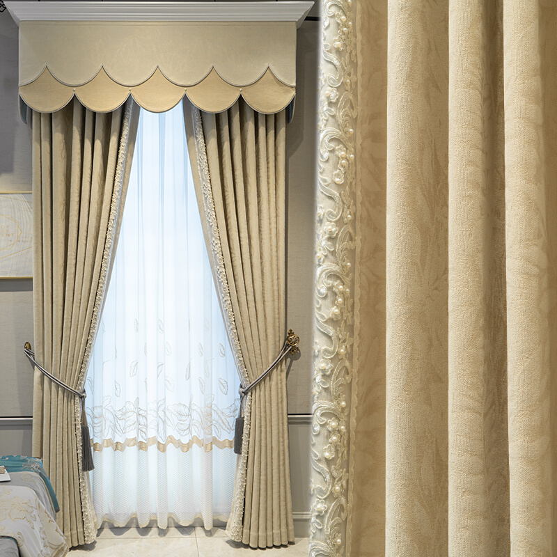 新款暗纹雪尼尔现代简约法式客厅卧室阳台奶米黄色飘窗遮光窗帘布