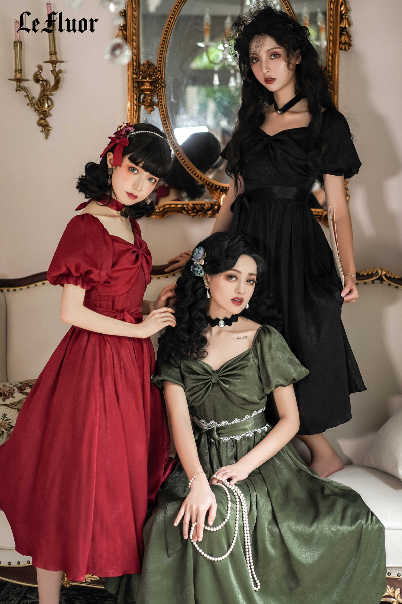 【现货】塞纳法式复古赫本风红色高腰Lolita连衣裙日常夏荧惑