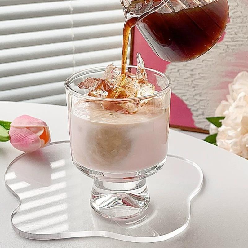 小众高脚甜品玻璃杯ins风家用高颜值可爱女拿铁咖啡杯酸奶饮品杯,