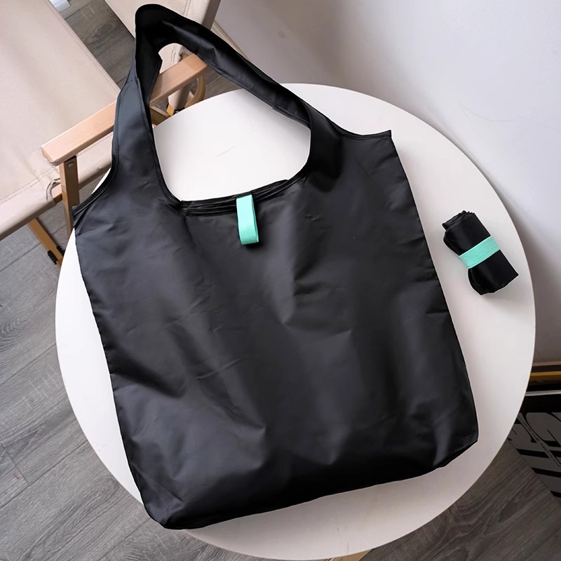 日系简约纯色加厚尼龙可折叠超市购物袋黑色便携环保单肩包买菜包