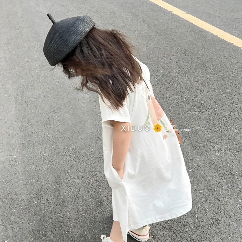夏季女童连衣裙宝宝洋气儿童个性潮韩版小清新印花白色公主T恤裙