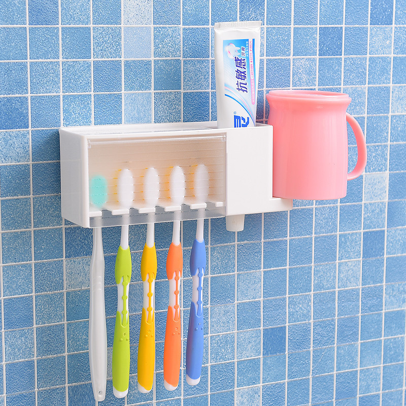 壁式牙刷架免打孔五人防尘带盖简易放牙膏家用简约放置悬挂壁挂式