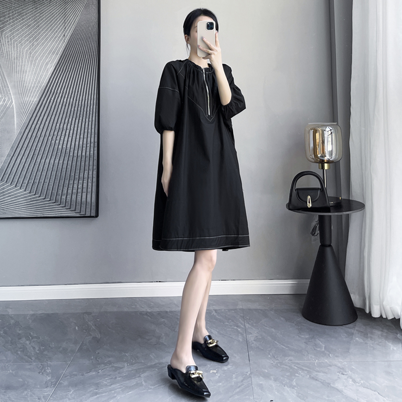 黑色时尚中袖高级感连衣裙女2023夏季新款遮肚子宽松显瘦中长裙子