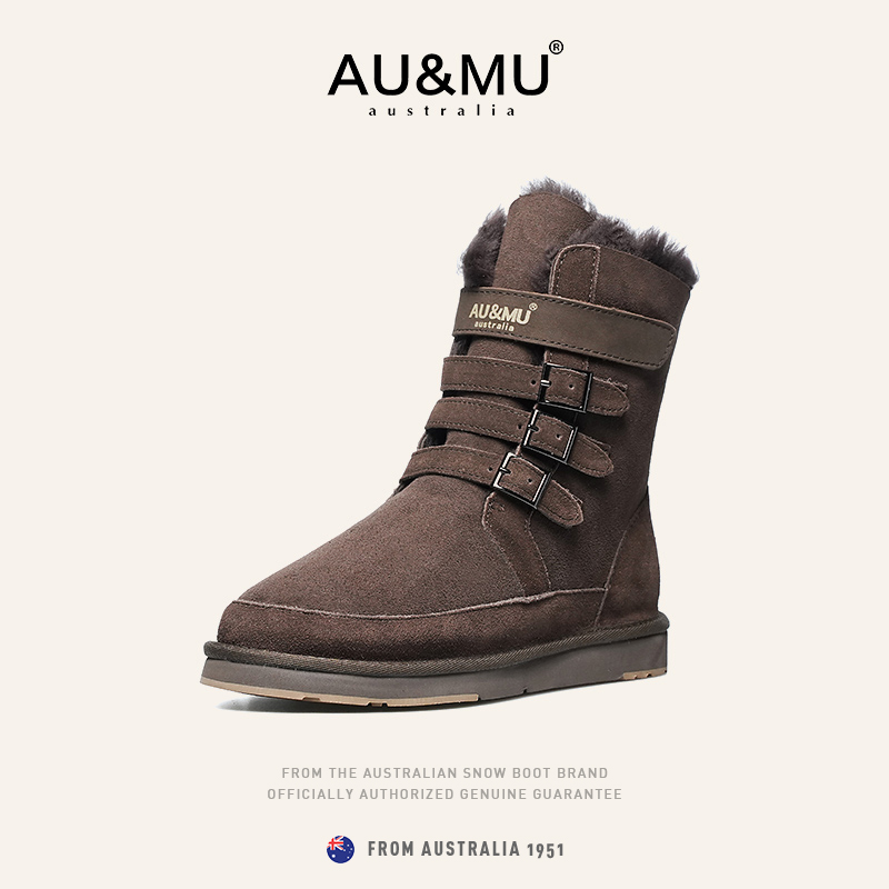澳洲AUMU冬季新款雪地靴女韩版防滑情侣羊皮毛一体短靴子男鞋N310