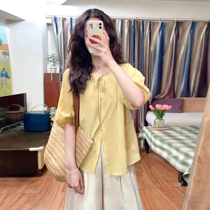 黄色灯笼袖正肩短袖衬衫女大码夏季设计感小众棉麻衬衣法式娃娃衫