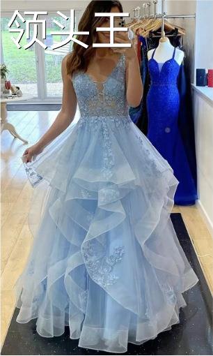 欧美跨境新款蓝色公主梦幻婚纱2023吊带V领公主裙派对晚礼服