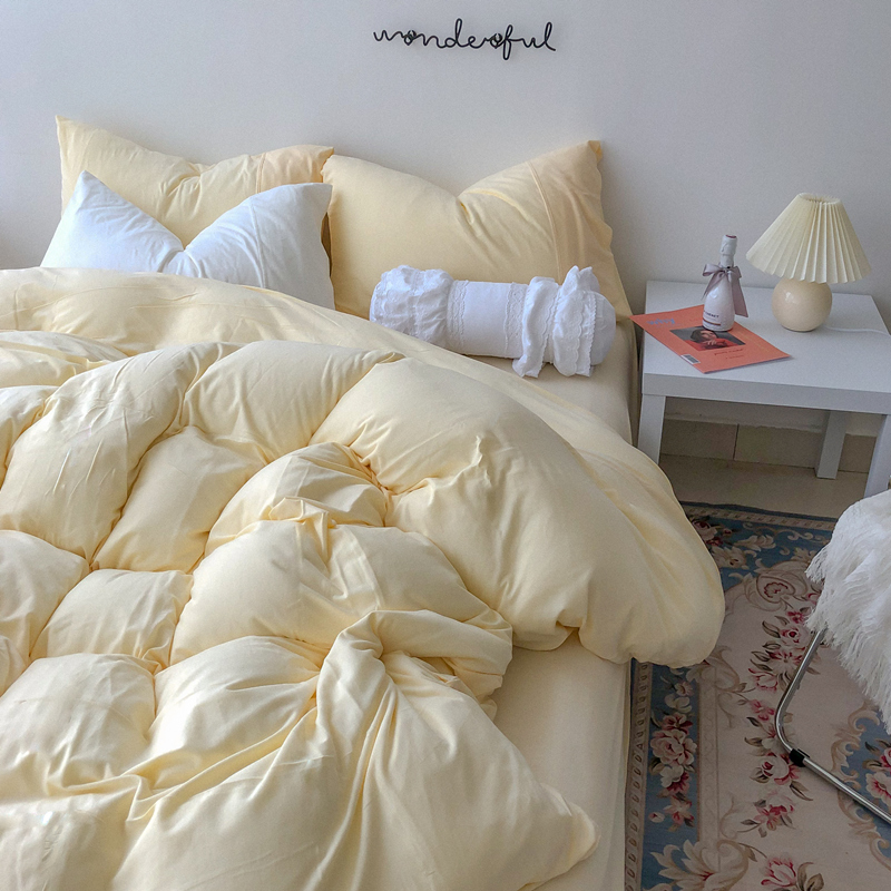 优恋家居淡黄色柔软针织棉四件套全棉纯棉被套床单1.5/1.8米床上