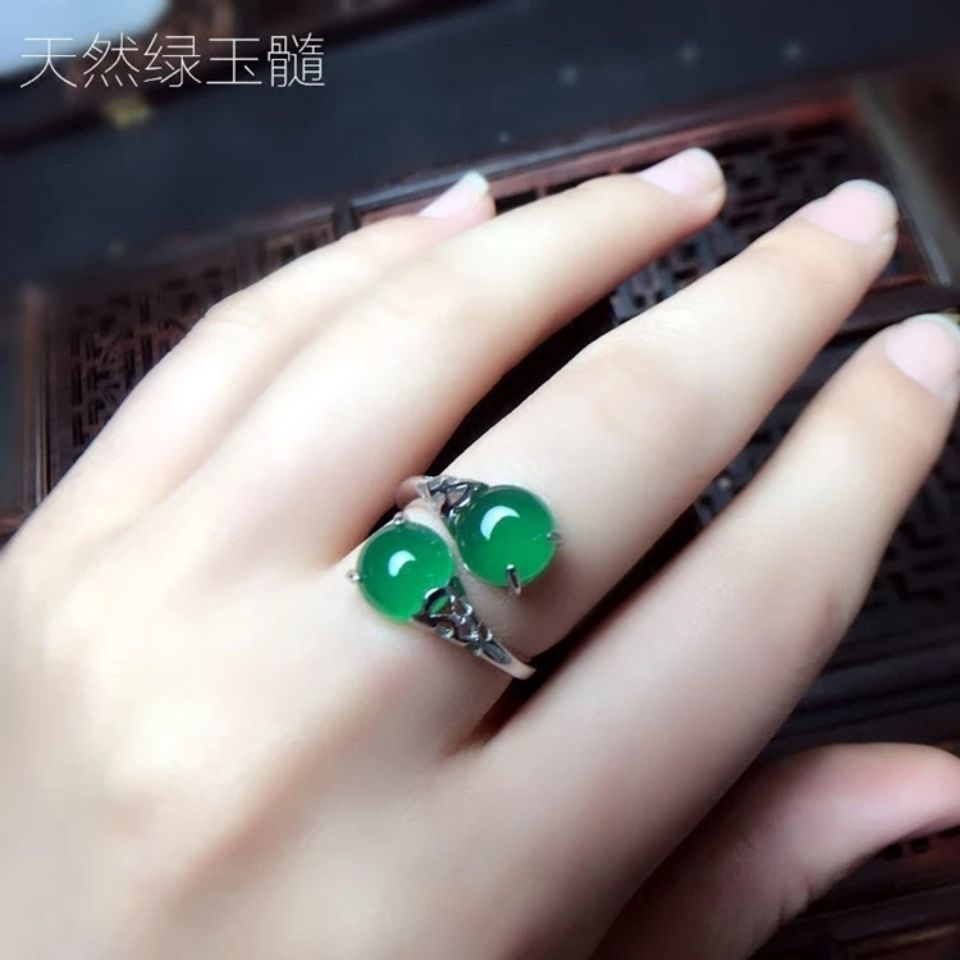 绿色玛瑙玉石戒指天然绿玉髓宝石戒指S925纯银女时尚开口食指戒指