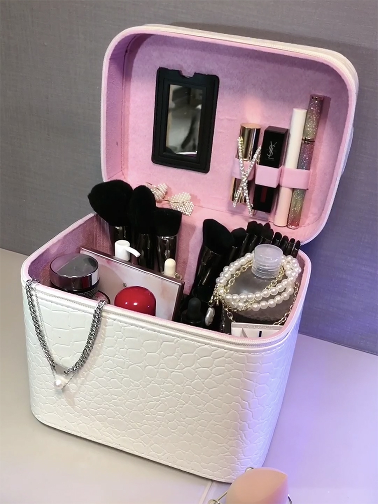 PU大容量化妆包纯色可爱便携化妆品收纳盒旅行卧室大号简约化妆箱