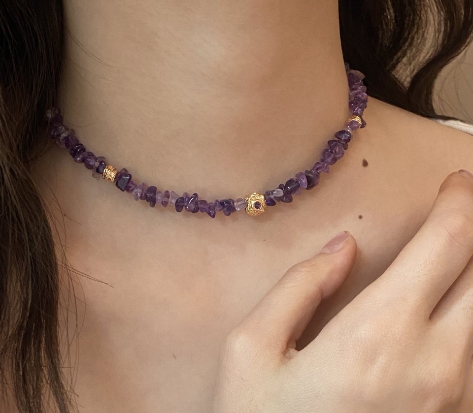 波西米亚风不规则梦幻紫水晶彩色串珠锁骨链法式复古项链