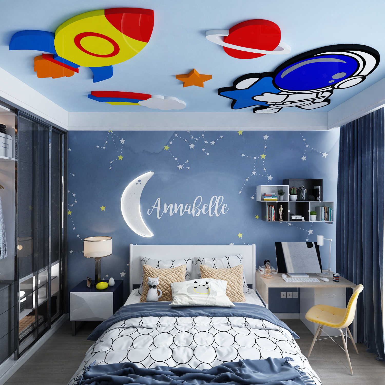 网红宇宙航员天花板吊顶儿童房间布置装饰画男孩卧室床头墙面环创