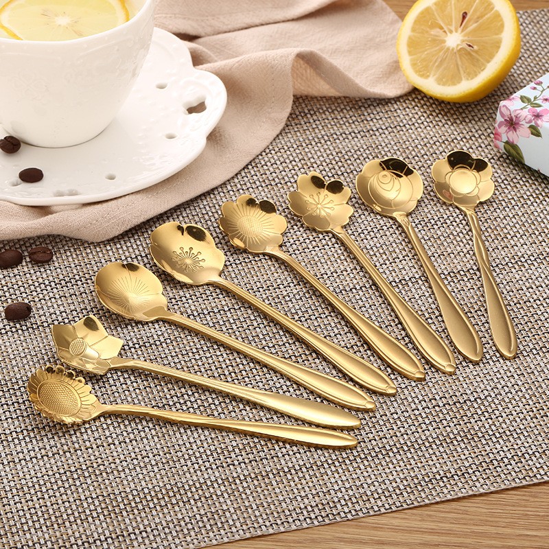 不锈钢樱花勺创意花朵勺咖啡蜂蜜搅拌勺餐具花瓣勺甜品小金色勺子